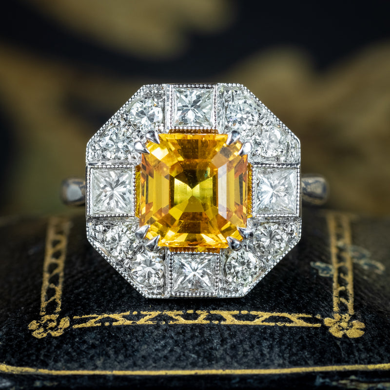 Art Deco Style Yellow Sapphire Diamond Cluster Ring 3.78ct Sapphire