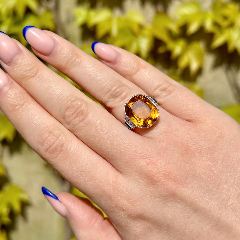 Art Deco Citrine Sapphire Diamond Ring 8ct Citrine