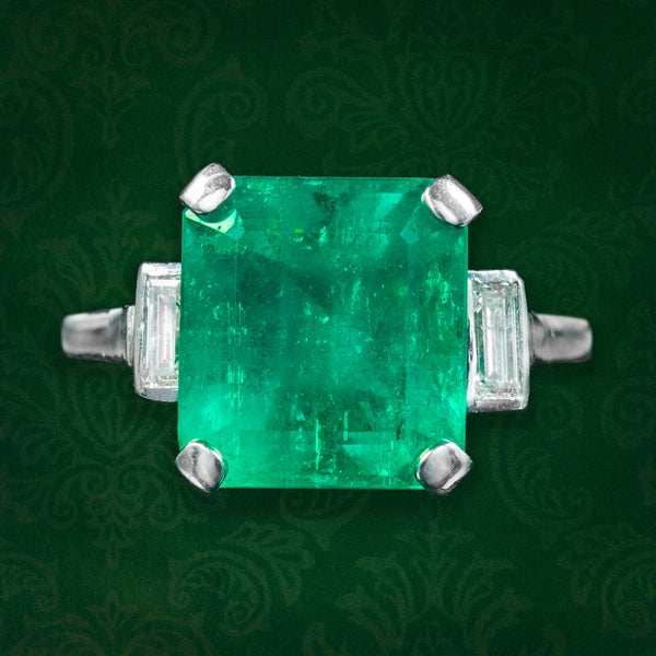 Art Deco Emerald Diamond Trilogy Ring 7.24ct Colombian Emerald With Cert
