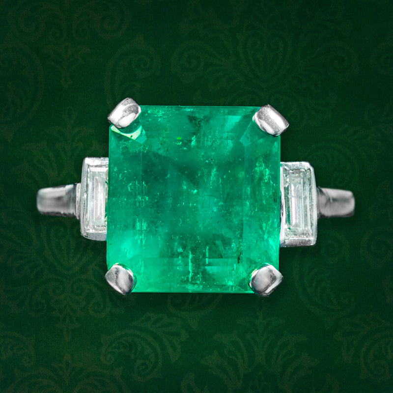 Art Deco Emerald Diamond Trilogy Ring 7.24ct Colombian Emerald With Cert