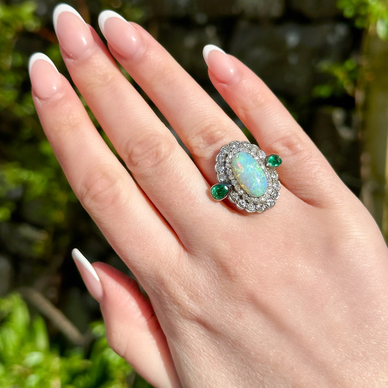 Art Deco Opal Emerald Diamond Cocktail Ring 4ct Opal