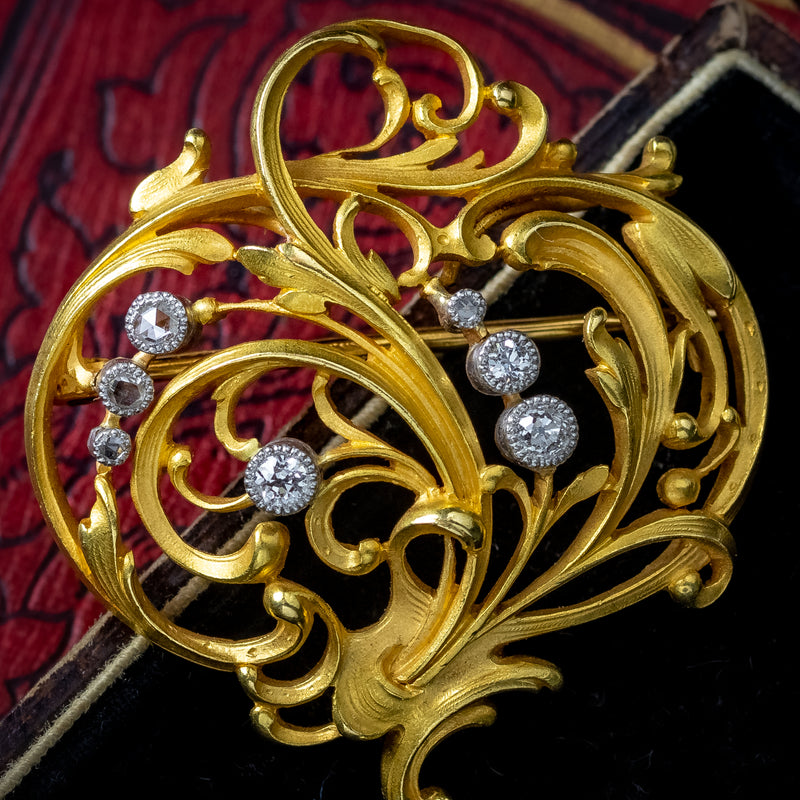Antique Victorian Diamond Brooch Art Nouveau 18ct Gold