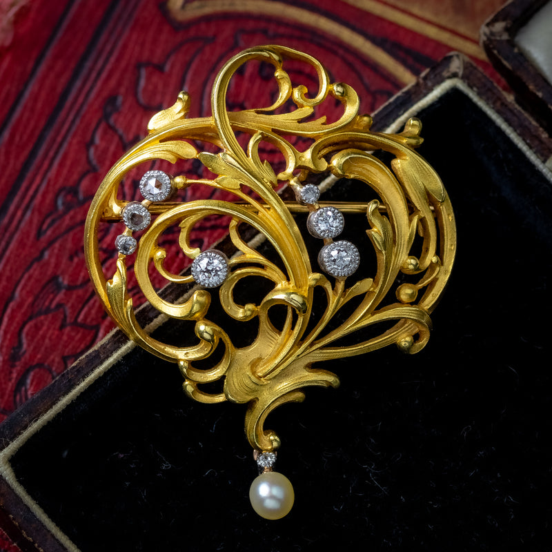 Antique Victorian Diamond Brooch Art Nouveau 18ct Gold