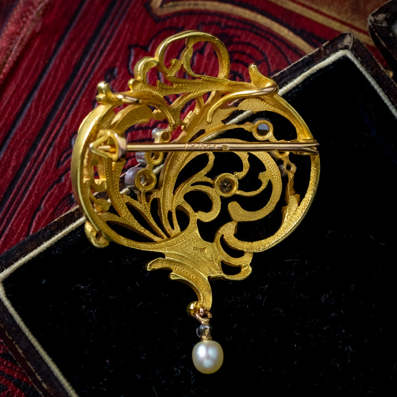 Antique Victorian Diamond Brooch Art Nouveau 18ct Gold