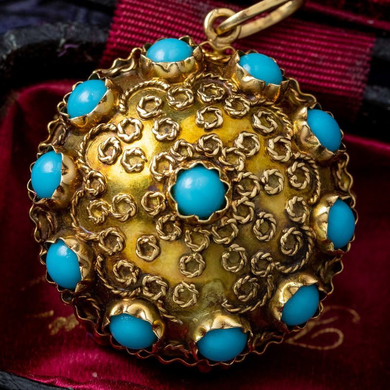  Antique Victorian Turquoise Pendant Etruscan Revival 18ct Gold