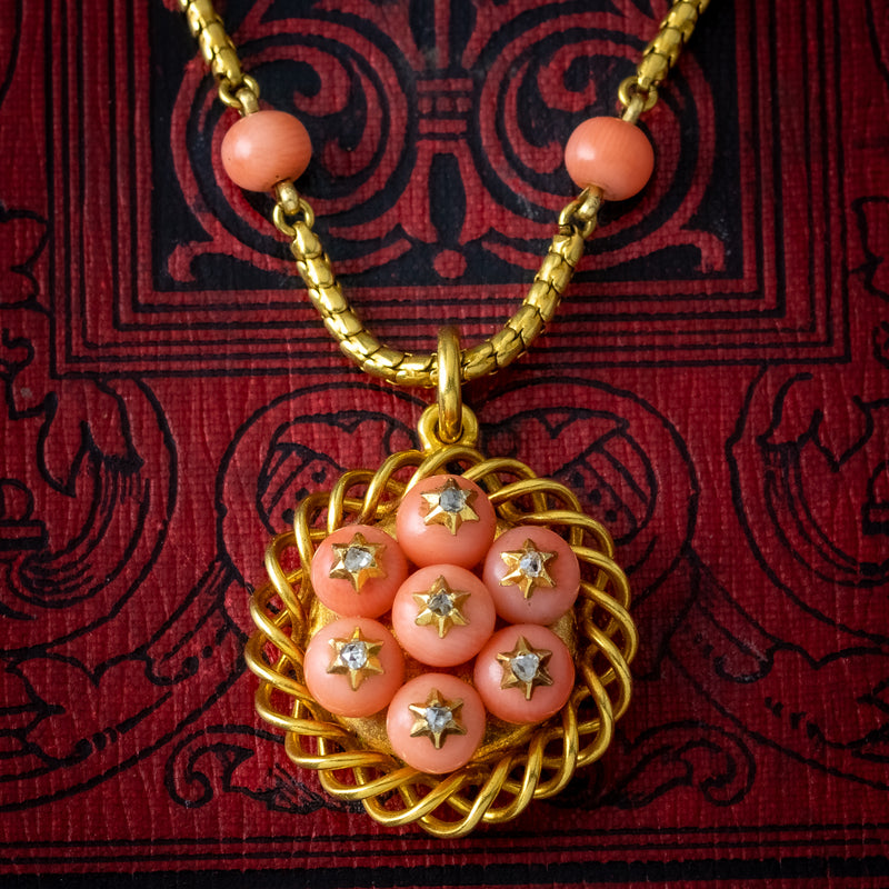 Antique Victorian Coral Diamond Pendant Necklace 15ct Gold With Locket