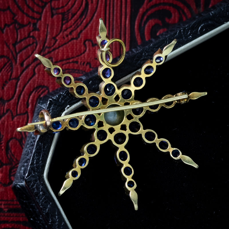 Antique Victorian Star Brooch Sapphire Cats Eye Chrysoberyl 18ct Gold