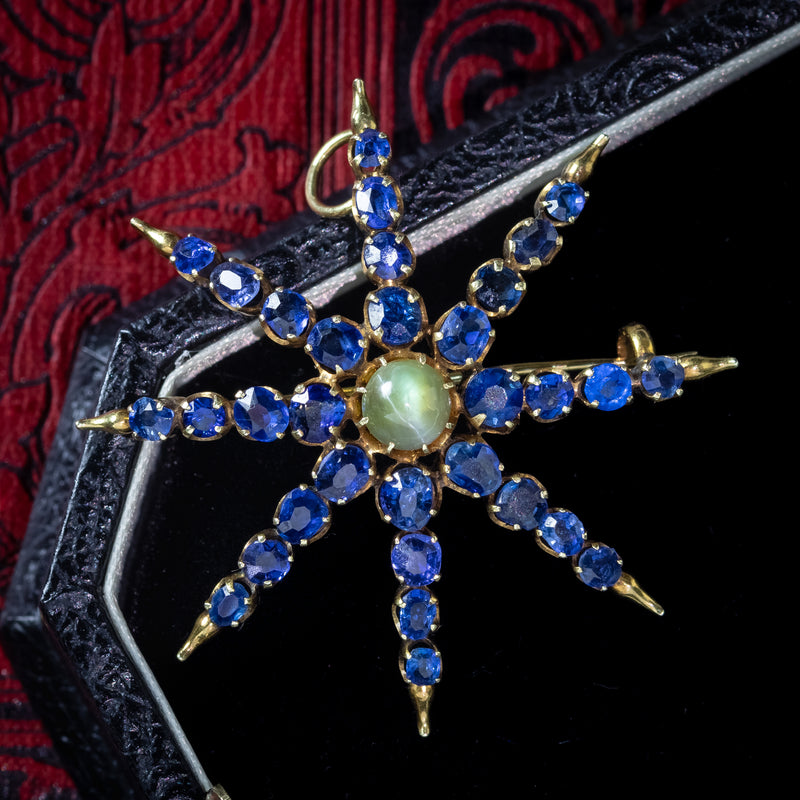 Antique Victorian Star Brooch Sapphire Cats Eye Chrysoberyl 18ct Gold
