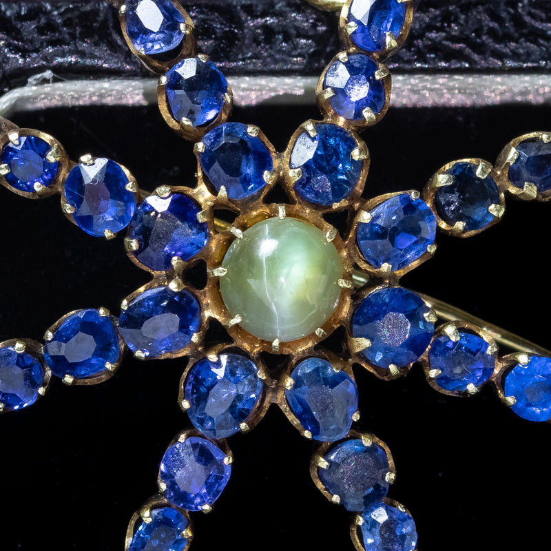 Antique Victorian Star Brooch Sapphire Cats Eye Chrysoberyl 18ct Gold