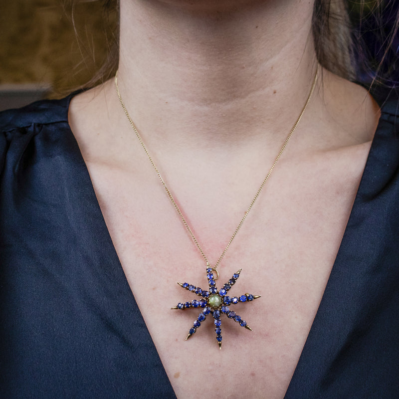 Antique Victorian Star Brooch Sapphire Cats Eye Chrysoberyl 18ct Gold