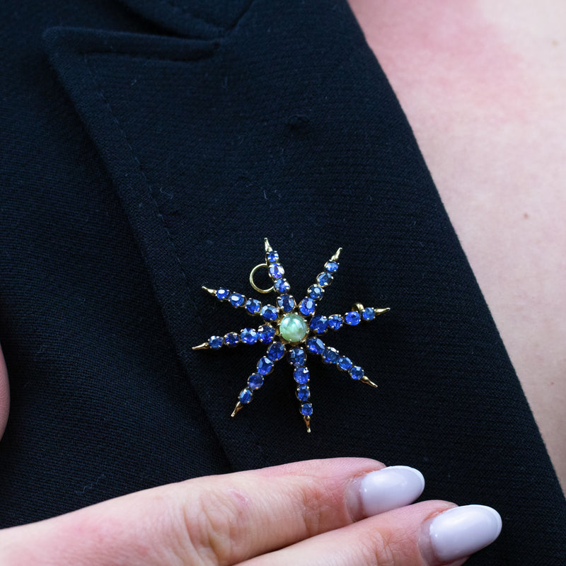 Antique Victorian Star Brooch Sapphire Cats Eye Chrysoberyl 18ct Gold