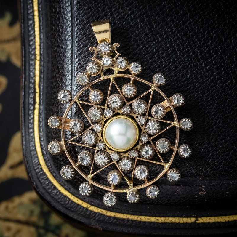 Antique Victorian French Diamond Pearl Star Pendant 1.5ct Of Diamond