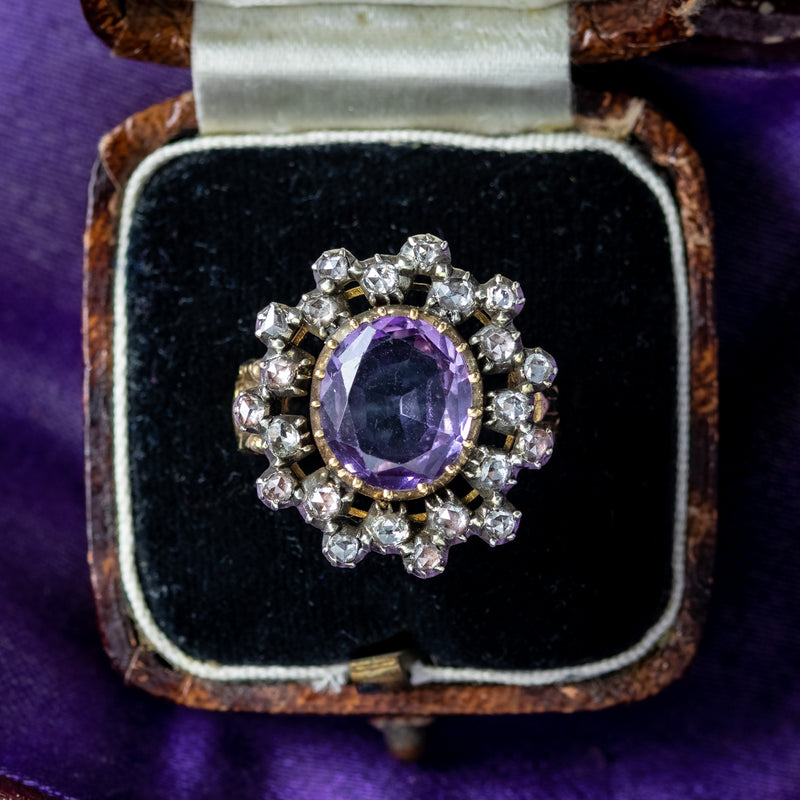 Antique Georgian Amethyst Diamond Cluster Ring 3ct Amethyst 