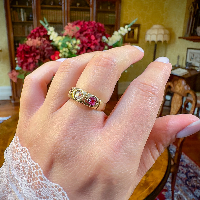 Antique Victorian Ruby Diamond Trilogy Ring Dated 1875