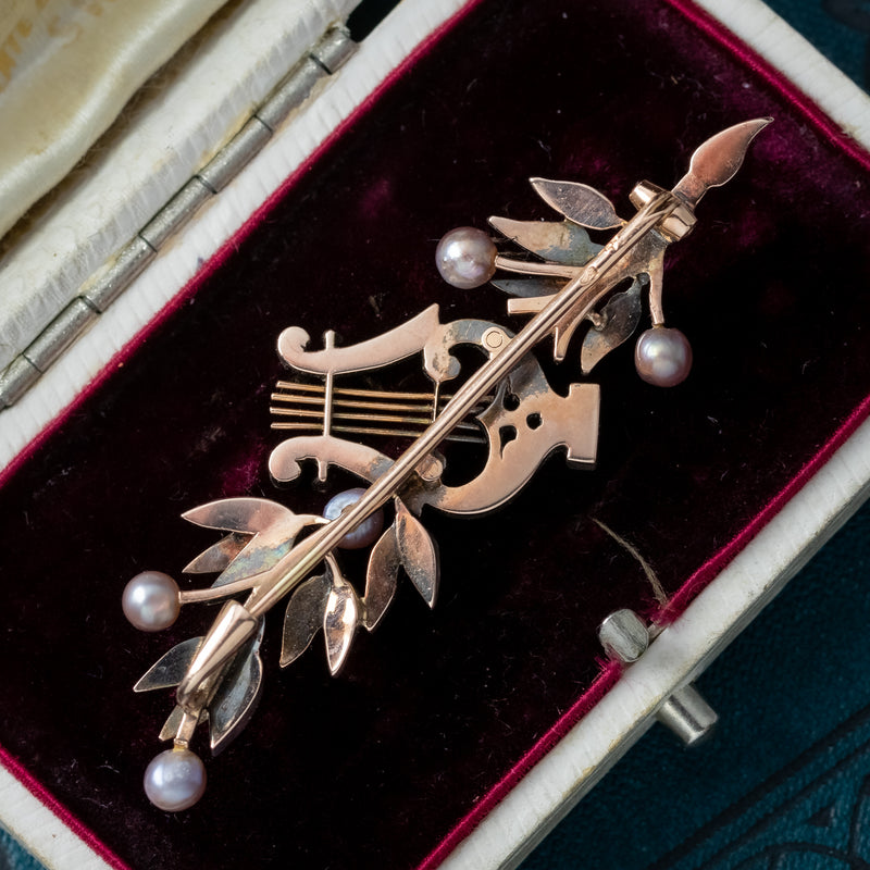 Antique Victorian French Brooch Pearl Diamond Olive Branch And Lyre With Box