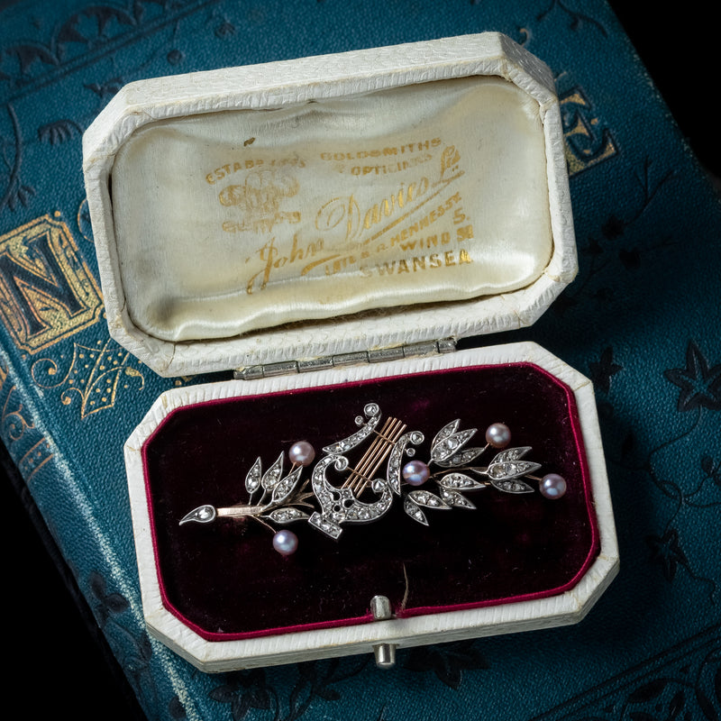 Antique Victorian French Brooch Pearl Diamond Olive Branch And Lyre With Box