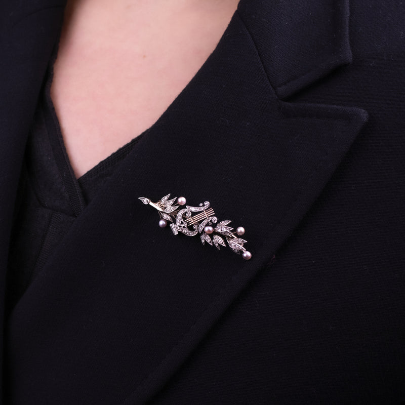 Antique Victorian French Brooch Pearl Diamond Olive Branch And Lyre With Box