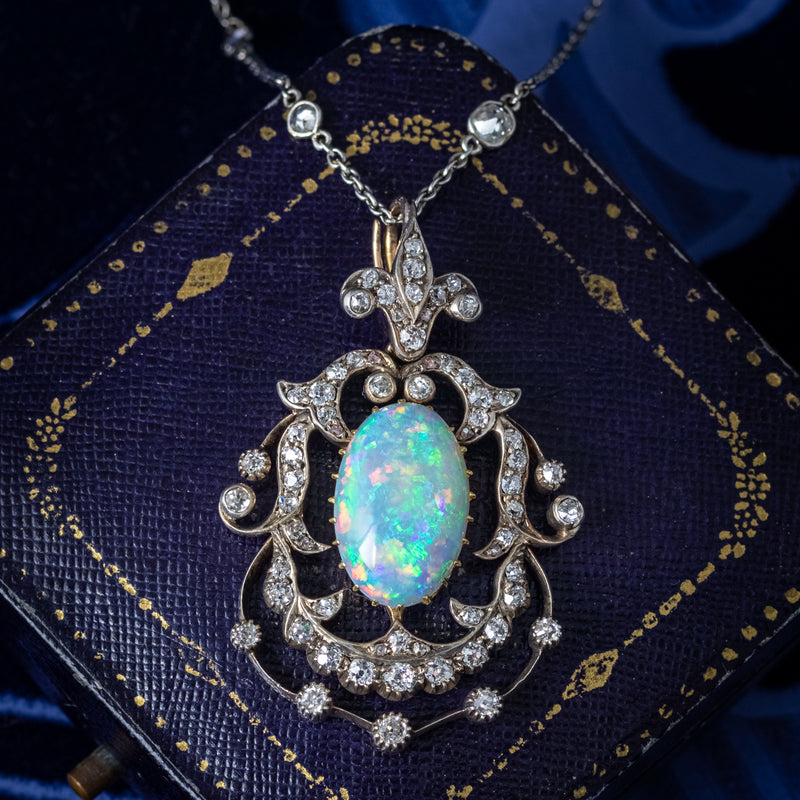 Antique Victorian Opal Diamond Pendant Silver 18ct Gold Platinum Chain