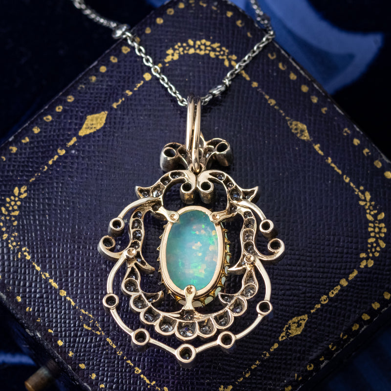 Antique Victorian Opal Diamond Pendant Silver 18ct Gold Platinum Chain