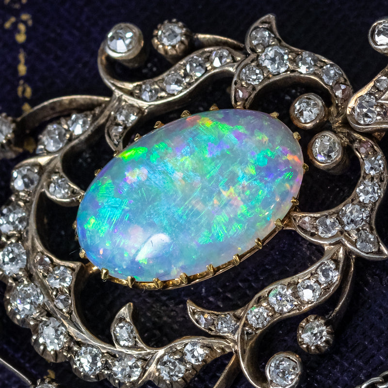 Antique Victorian Opal Diamond Pendant Silver 18ct Gold Platinum Chain