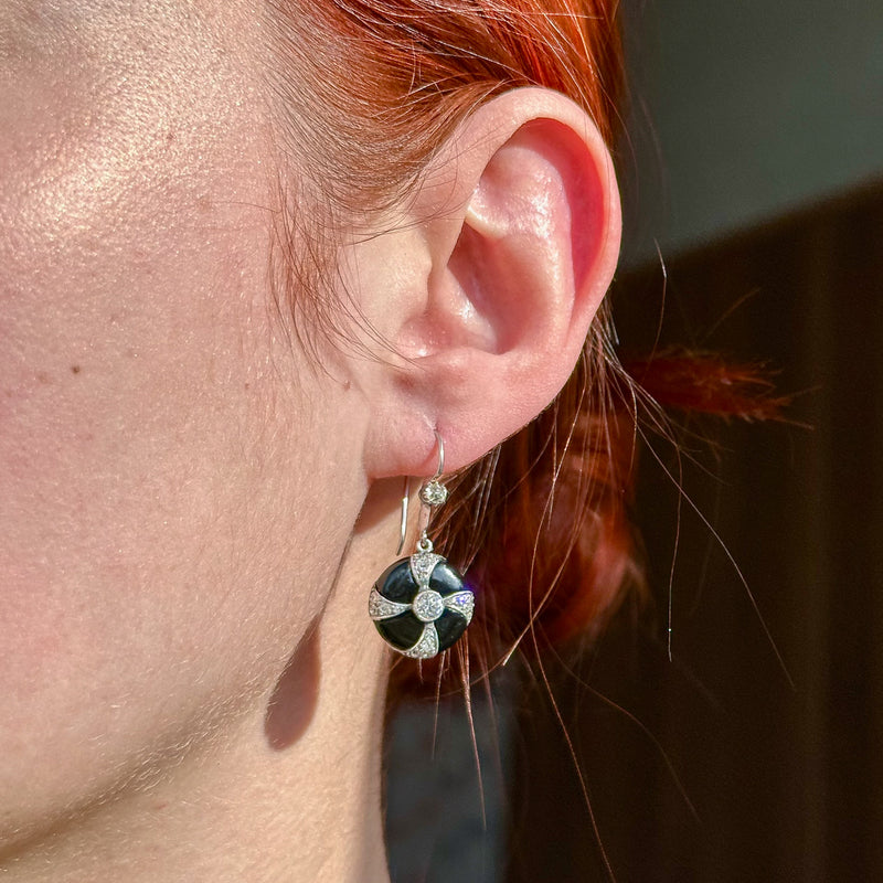 Art Deco Onyx Diamond Drop Earrings Platinum