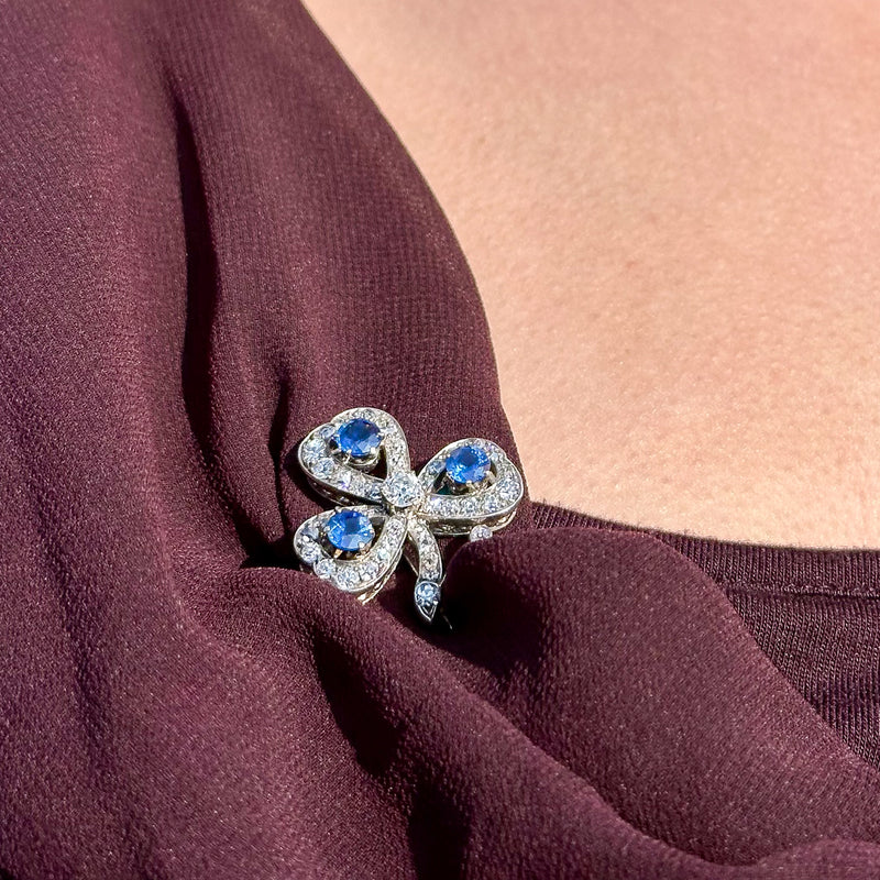 Antique Victorian Sapphire Diamond Shamrock Brooch Silver 18ct Gold