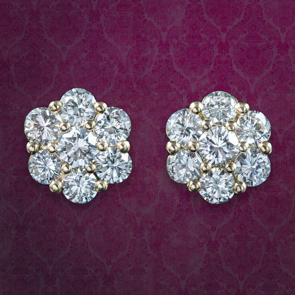Edwardian Style Diamond Flower Cluster Stud Earrings 2.5ct Total