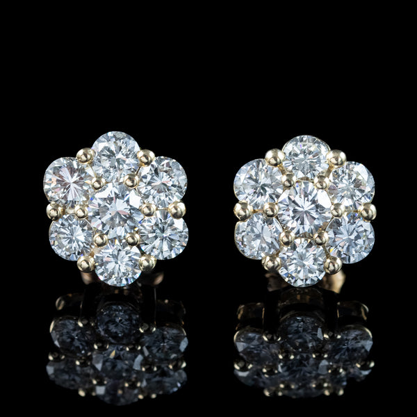 Edwardian Style Diamond Flower Cluster Stud Earrings 2.5ct Total
