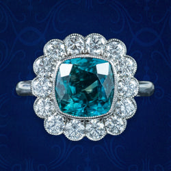Edwardian Style Blue Zircon Diamond Cluster Ring 6.78ct Zircon