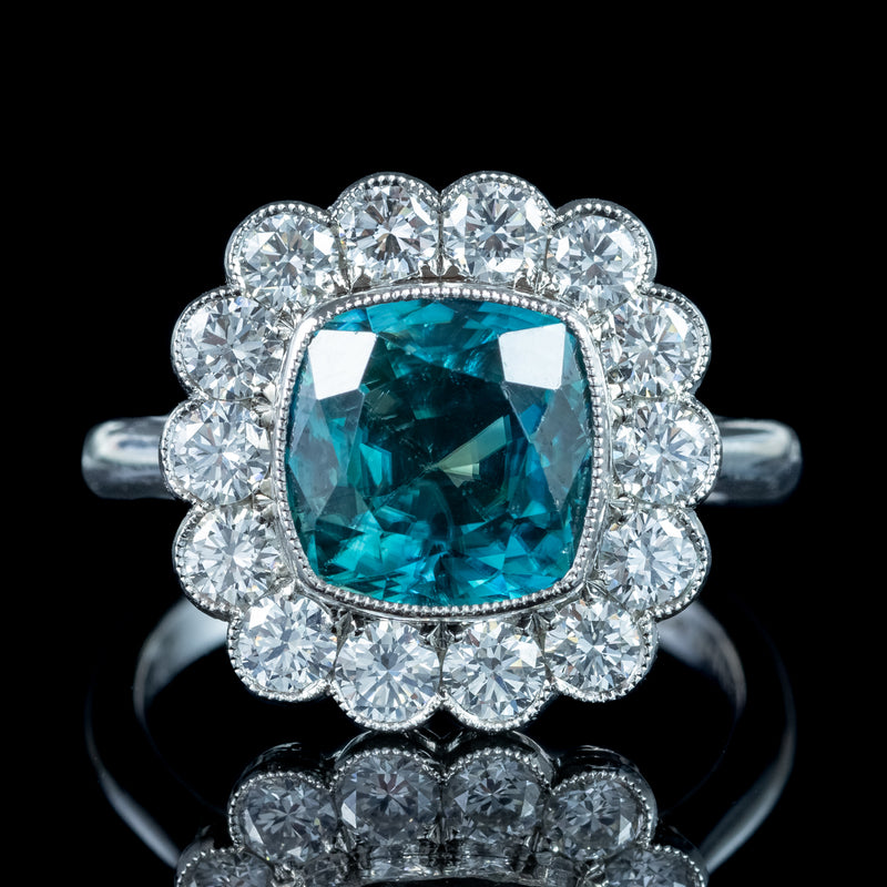 Edwardian Style Blue Zircon Diamond Cluster Ring 6.78ct Zircon