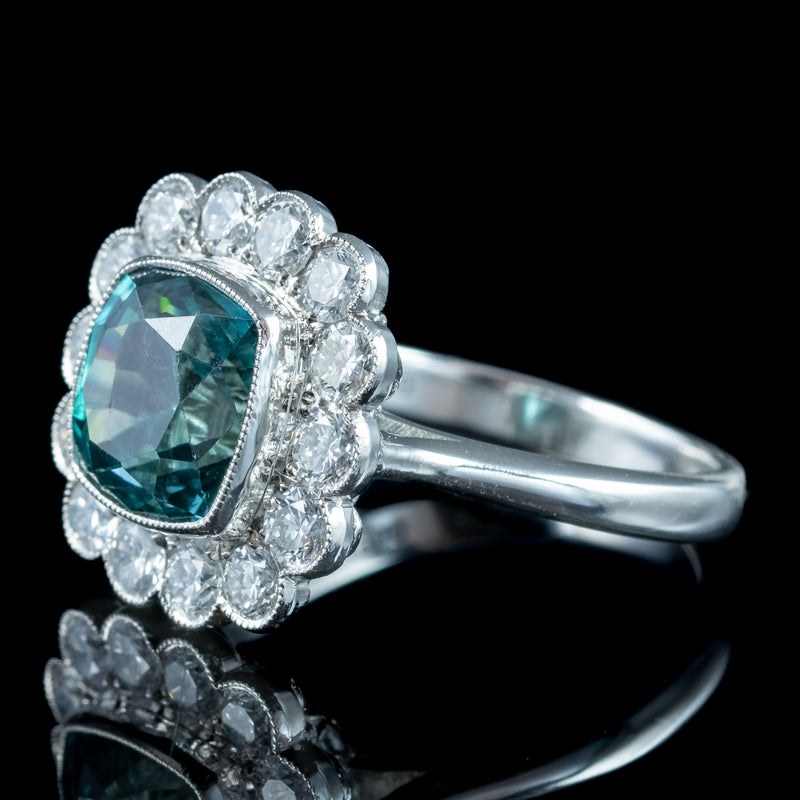 Edwardian Style Blue Zircon Diamond Cluster Ring 6.78ct Zircon