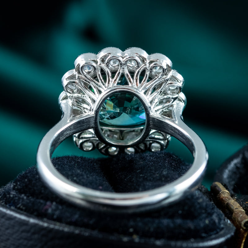 Edwardian Style Blue Zircon Diamond Cluster Ring 6.78ct Zircon