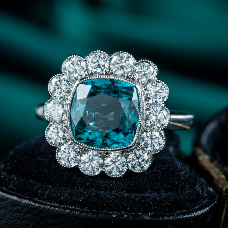 Edwardian Style Blue Zircon Diamond Cluster Ring 6.78ct Zircon