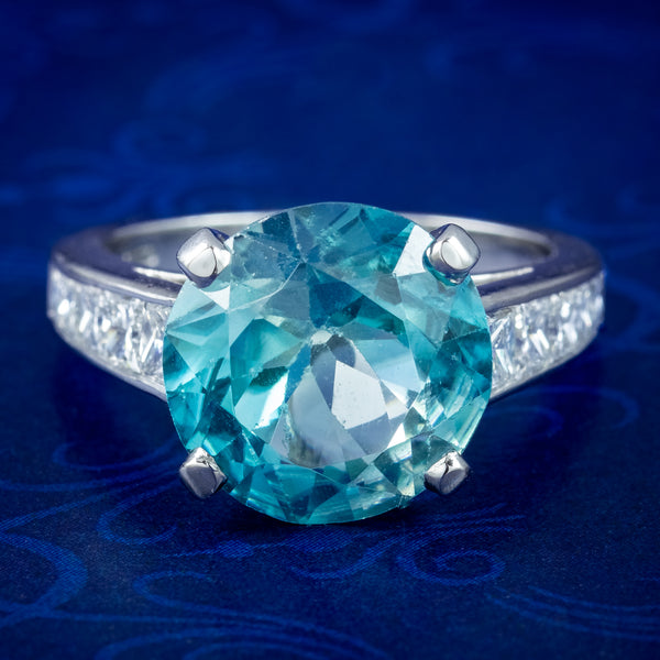 Edwardian Style Blue Zircon Diamond Solitaire Ring 5ct Zircon