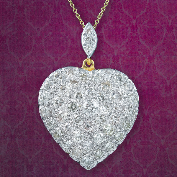 Edwardian Style Diamond Heart Pendant Necklace 18ct Gold 3.6ct Of Diamond