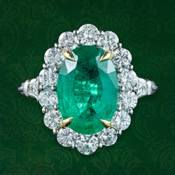 Edwardian Style Emerald Diamond Cluster Ring 3.69ct Emerald