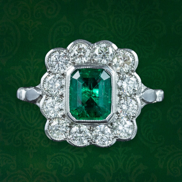 Edwardian Style Emerald Diamond Cluster Ring 1.10ct Emerald