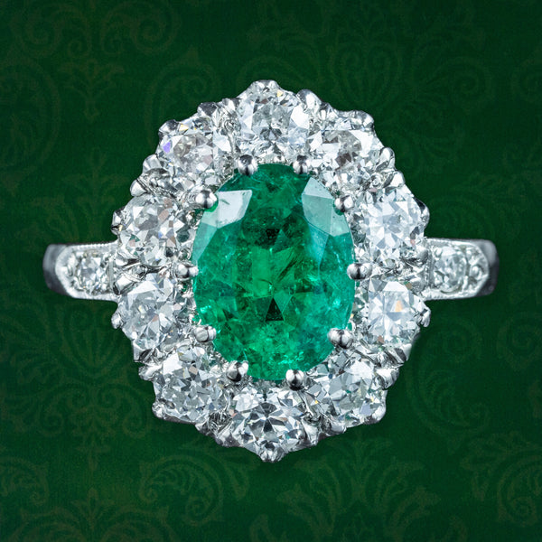Edwardian Style Emerald Diamond Cluster Ring 1.35ct Emerald
