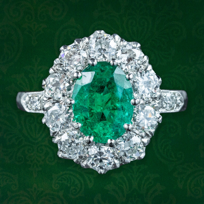 Edwardian Style Emerald Diamond Cluster Ring 1.35ct Emerald