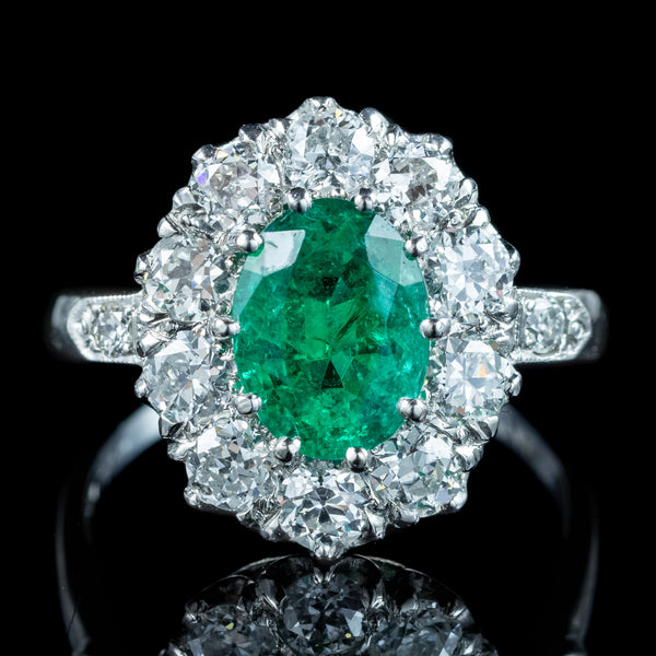 Edwardian Style Emerald Diamond Cluster Ring 1.35ct Emerald