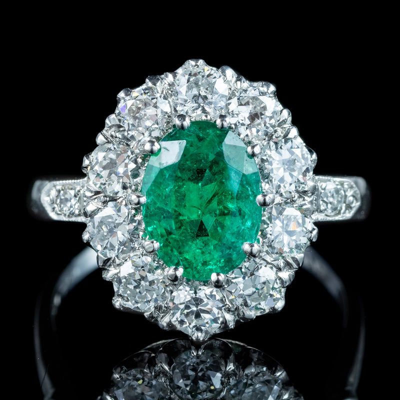 Edwardian Style Emerald Diamond Cluster Ring 1.35ct Emerald