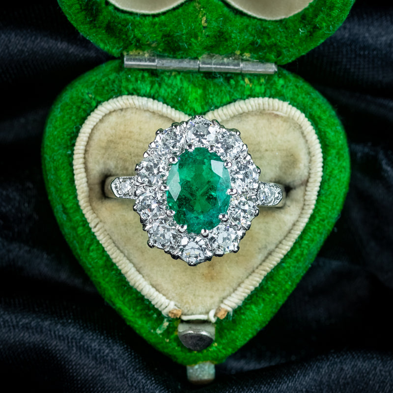 Edwardian Style Emerald Diamond Cluster Ring 1.35ct Emerald