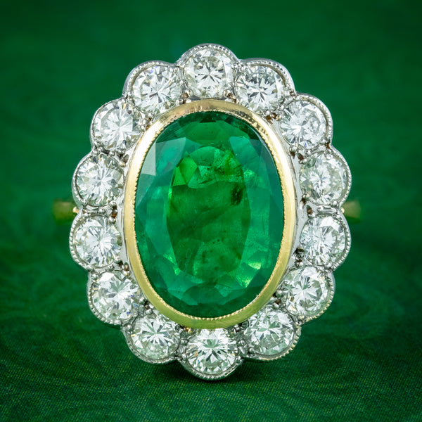 Edwardian Style Emerald Diamond Daisy Cluster Ring 3.38ct Emerald With Cert