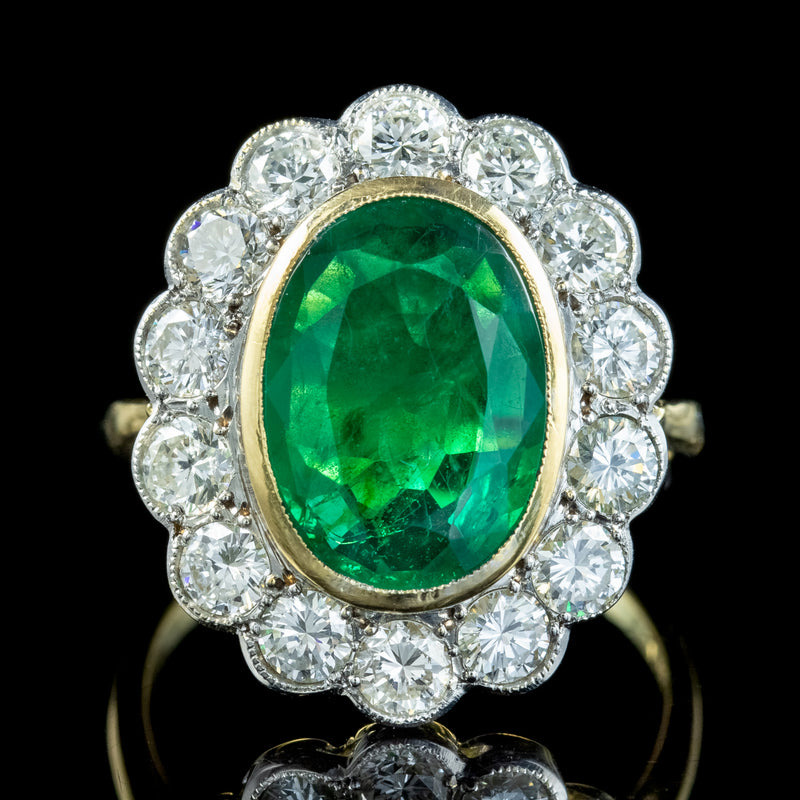 Edwardian Style Emerald Diamond Daisy Cluster Ring 3.38ct Emerald With Cert