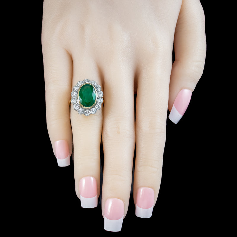 Edwardian Style Emerald Diamond Daisy Cluster Ring 3.38ct Emerald With Cert