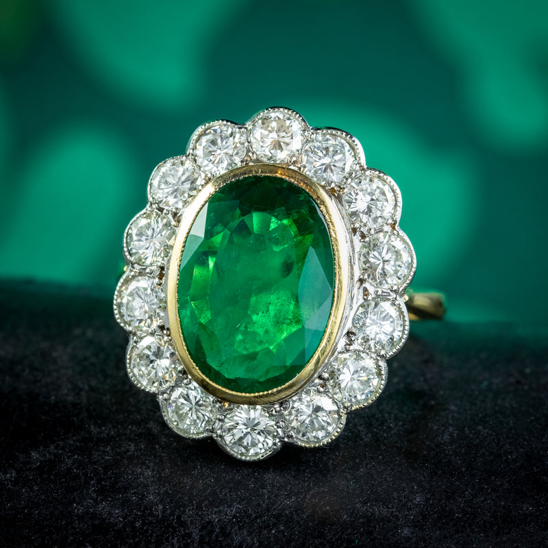 Edwardian Style Emerald Diamond Daisy Cluster Ring 3.38ct Emerald With Cert