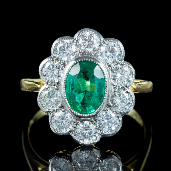 Edwardian Style Emerald Diamond Daisy Cluster Ring 1.10ct Emerald 
