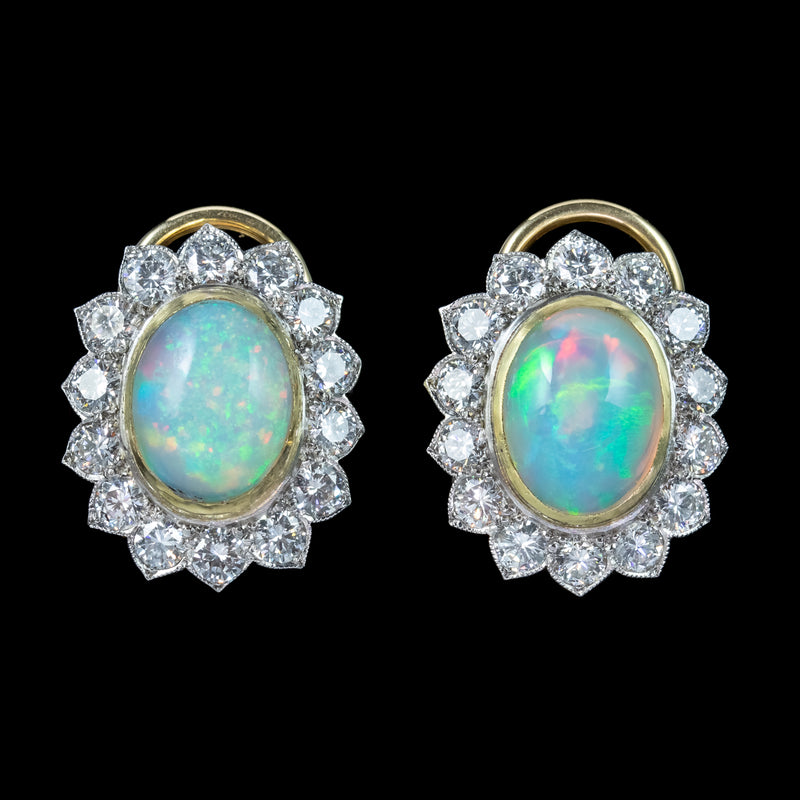 Edwardian Style Opal Diamond Cluster Clip Earrings 18ct Gold 2ct Opals 