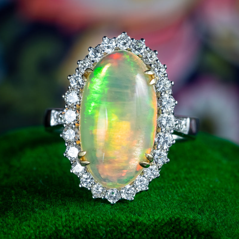 Edwardian Style Opal Diamond Cluster Ring 5.20ct Natural Opal