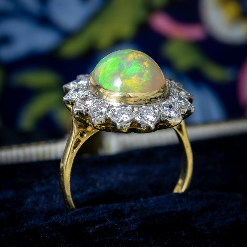 Edwardian Style Opal Diamond Flower Cluster Ring 3.1ct Opal